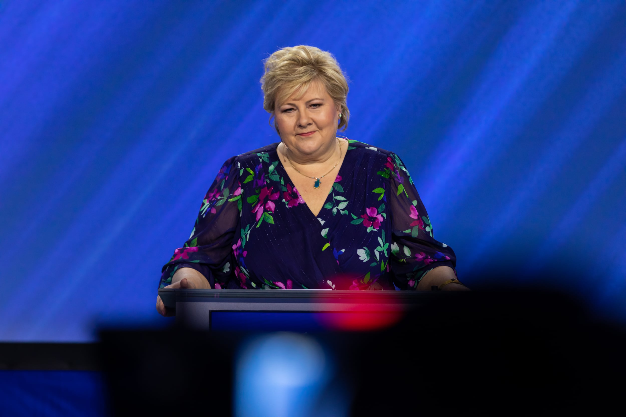 Erna Solberg på talerstolen under Høyres landsmøte